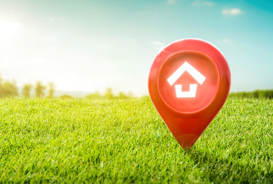 House symbol with location pin icon on earth and green grass in real estate sale or property investment concept, Buying new home for family - 3d illustration of big advertising sign.