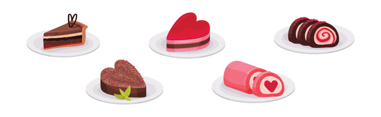 Sweet Treat and Pink Heart Dessert for Valentine Day Vector Set