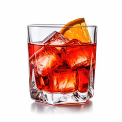 A bold old fashioned cocktail in a lowball glass, isolated on a white background, created by Generative AI.

