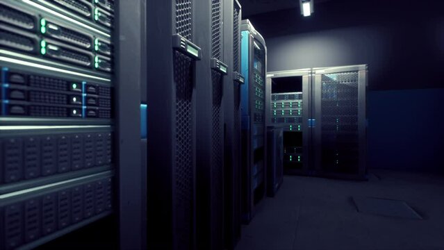 server room with active supercomputers in neat rows