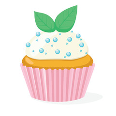 Cupcake with a mint leafs. Modern flat vector illustration