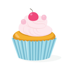 Cupcake with a pink cream and cherry. Modern flat vector illustration