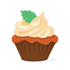 Chocolate cupcake with cream and mint leafs. Modern flat vector illustration