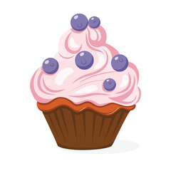 Chocolate cupcake with pink cream and blueberries. Modern flat vector illustration