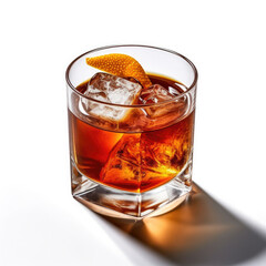 A rich sazerac cocktail in an old-fashioned glass, isolated on a white background, created by Generative AI.

