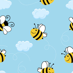 Seamless pattern with cartoon bee and clouds on a blue background. Vector illustration.