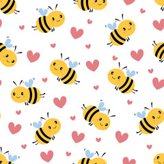 Fototapeta premium Seamless pattern with cartoon bee and heart on white background. Vector illustration.