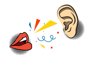 Communication concept - lips and ear. Speaking and listening. Illustration on transparent background