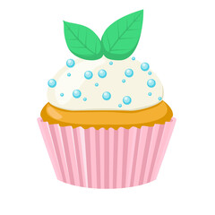 Cupcake with a mint leafs. Modern flat Illustration on transparent background