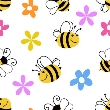 Seamless pattern with a flower and a cartoon bee on a white background vector illustration.