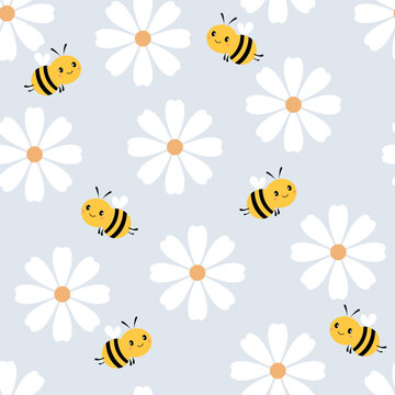 Seamless pattern with a daisy flower and a cartoon bee on a blue background vector illustration.