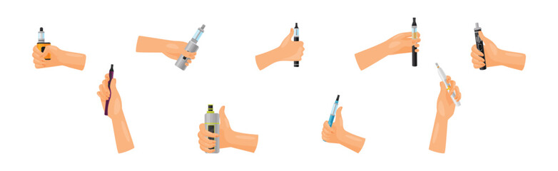 Hand with Electronic Cigarette Simulating Tobacco Smoking Vector Set