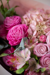 Peony roses. Pink beautiful bouquet of mixed flowers. Flower shop. Fresh bouquet. Master class and floristry courses. Flower delivery.