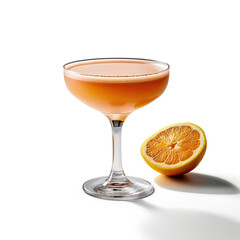 A sophisticated sidecar cocktail with orange zest in a sugar-rimmed coupe glass, isolated on a white background, created by Generative AI - obrazy, fototapety, plakaty