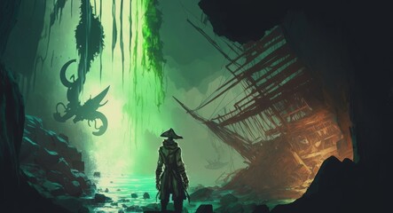 Fototapeta na wymiar a pirate who has found the abandoned ship with green smoke in waterfall cave, digital art style, illustration painting, Generative AI