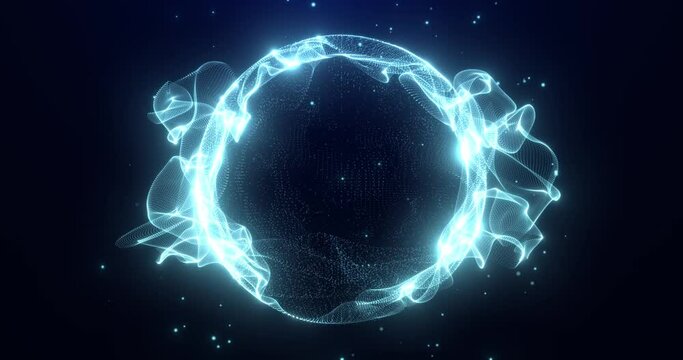 Abstract glowing sphere, energy ball shines brightly with rays of light, magic waves from particles and dots, atomic science abstract background, seamless loop.