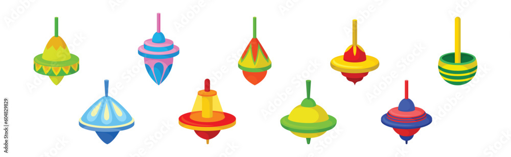 Poster spinning top as squat toy with sharp point at the bottom vector set