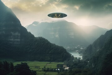Naklejka na ściany i meble UFO flying over the field and forest. Generative AI
