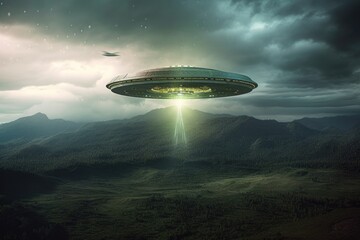 Naklejka na ściany i meble UFO flying over the field and forest. Generative AI