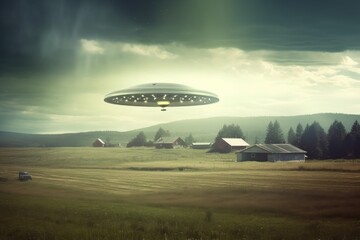 Fototapeta na wymiar UFO flying over the field and forest. Generative AI