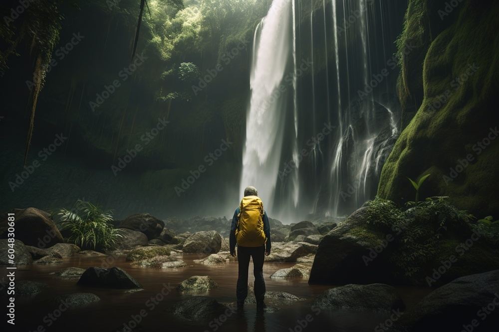 Poster an individual who is positioned in front of a waterfall. generative ai