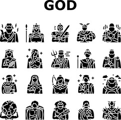greek god mythology ancient icons set vector. goddess art, antique poseidon, gods zeus, greece dionysus, aphrodite athena, apollo greek god mythology ancient glyph pictogram Illustrations © vectorwin