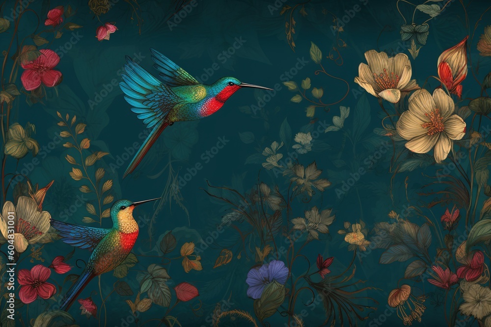 Poster an image depicting two hummingbirds in flight above a field of flowers generative ai