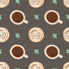 Coffee, peppermint, and Cinnamon seamless pattern. Vector illustration in cartoon style