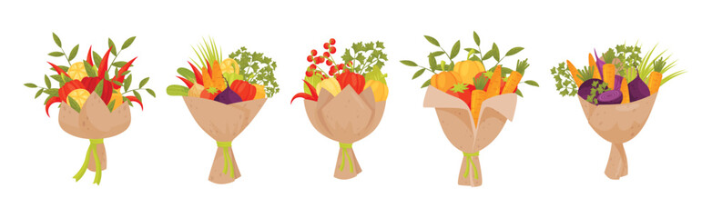 Bouquet of Fresh Vegetables with Green Leafy Twigs Wrapped in Craft Paper Vector Set