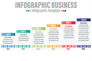 Business timeline with step rectangle infographics. Corporate milestones graphic elements. Company presentation slide template with year periods. Modern vector history time line layout design.