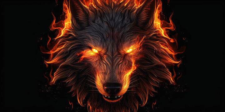 head of a wolf with fire flames isolated on black background, generative ai
