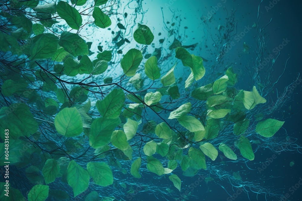 Poster a branch from a tree that has leaves of a green color hanging from it. generative ai