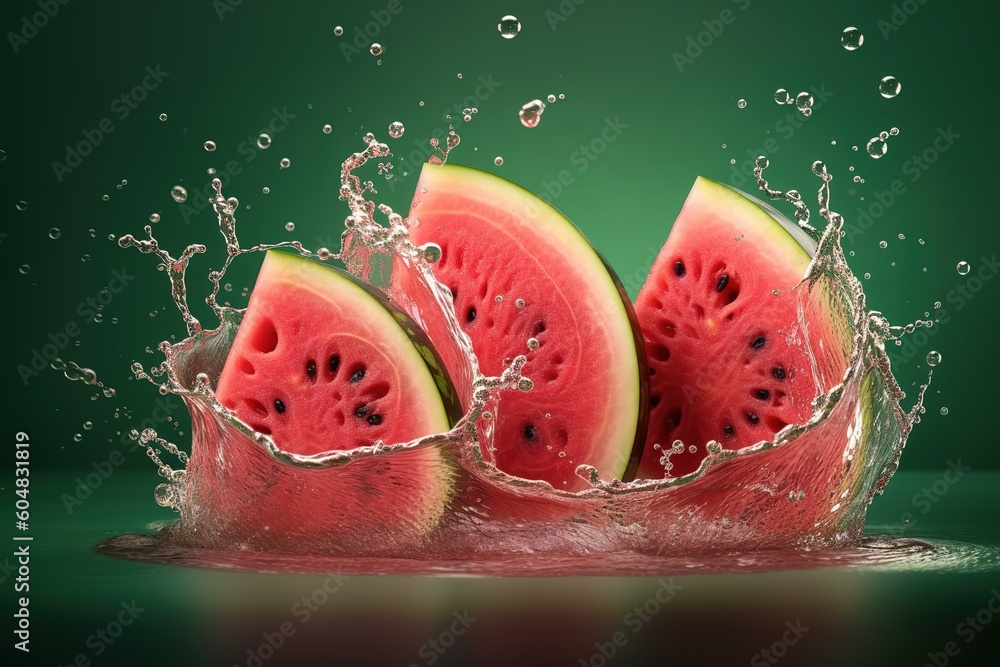 Poster a collection of watermelon slices becoming wet with a splash here and there Generative AI