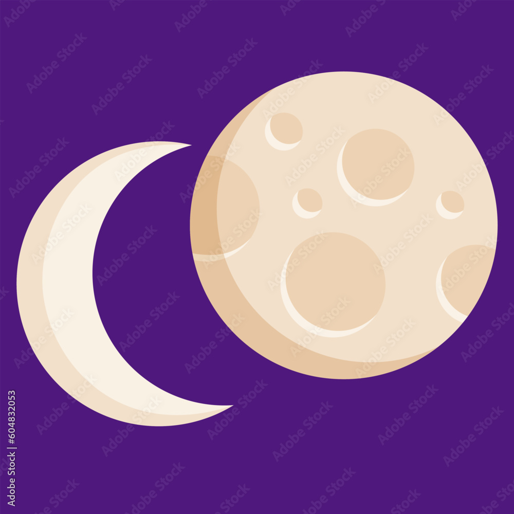 Wall mural Vector illustration of crescent and full moon with lunar craters. Space object, satellite on dark background. Halloween spooky symbol. Two phases of the Moon