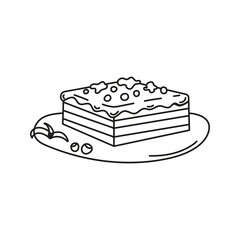 Isolated doodle chocolate cake on plate black and white. Outline vector. Icon sweets concept.