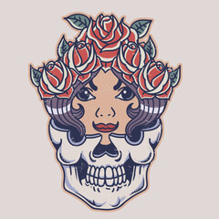 Tattoo old school Girl , Flowers and skull vector illustration