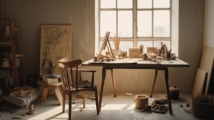 interior of modern artist studio with wooden easel, canvas, painting tools