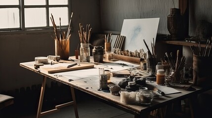 interior of modern artist studio with wooden easel, canvas, painting tools