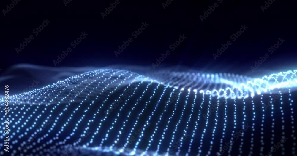 Poster digital dynamic particle wave, data flow, cyber technology background, motion waving dots texture wi