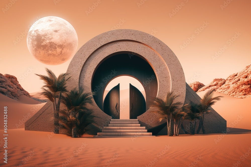 Poster an image of a desert with palm palms and a gateway in the middle of it generative ai