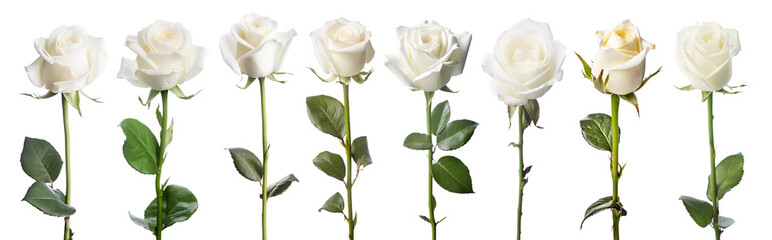 set of isolated white rose flowers. Created with Generative AI - obrazy, fototapety, plakaty