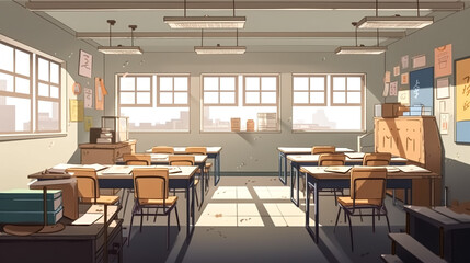 An empty school class, an empty room with desks, generative AI.