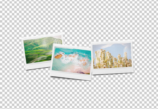 Mockup of customizable instant camera photo prints arranged horizontally available against customizable color background