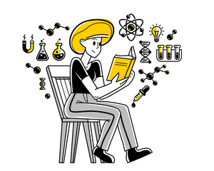 Scientist discovering science theory and making experiments vector outline illustration, theoretical science research or invention, education learning university.