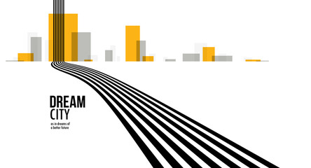 Future city on a horizon with highway road fast going to it vector abstract background, metropolis skyline with speed highway, road to town. © Sylverarts