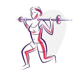 Push the barbell gym and fitness vector illustration of a young attractive woman doing workout exercises with a barbell, perfect muscular athletic body young adult girl sport training.