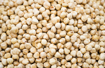 Shelled hazelnuts close-up. Nuts as background.