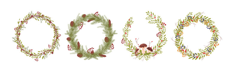 Fototapeta na wymiar Decorative Wreaths with Branches Entangled with Mushrooms, Berries and Fir Cones Vector Set