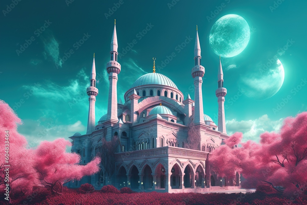 Poster a depiction of a mosque with the moon in its full phase superimposed over it generative ai
