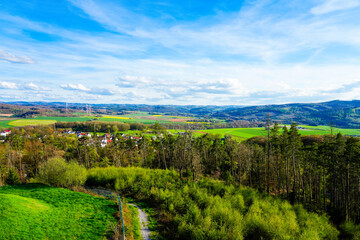 Landscape at Ebberg near Balve. Green nature with forests and meadows.
